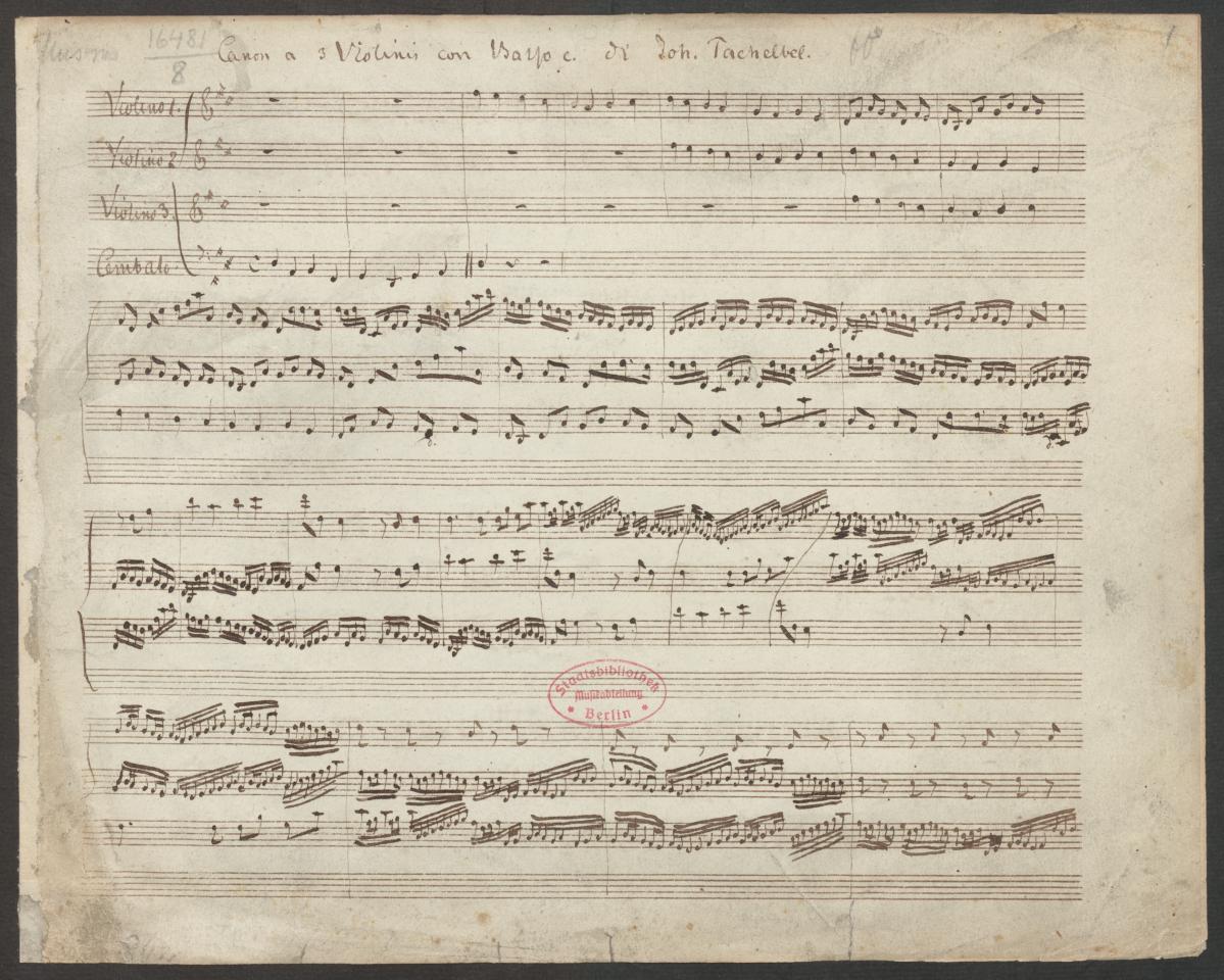 Handwritten opening page of Pachelbel's Canon, showing three violin parts and a continuo bass line.